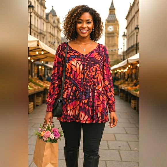 New Boho Chic 2X Bold Butterfly Artisy Pleated Colorful Relaxed Fit Blouse - Picture 2 of 8